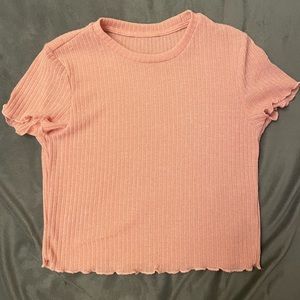Pink crop top with ruffled sleeves. Don’t remember where I got it, size small.